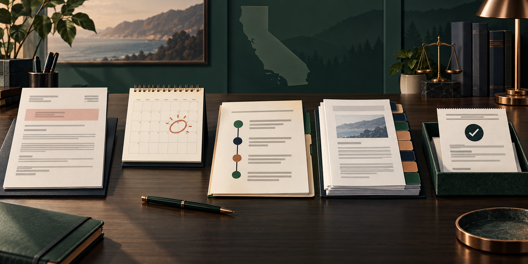 A California tax notice, calendar deadline, issue chart, and indexed appeal exhibits