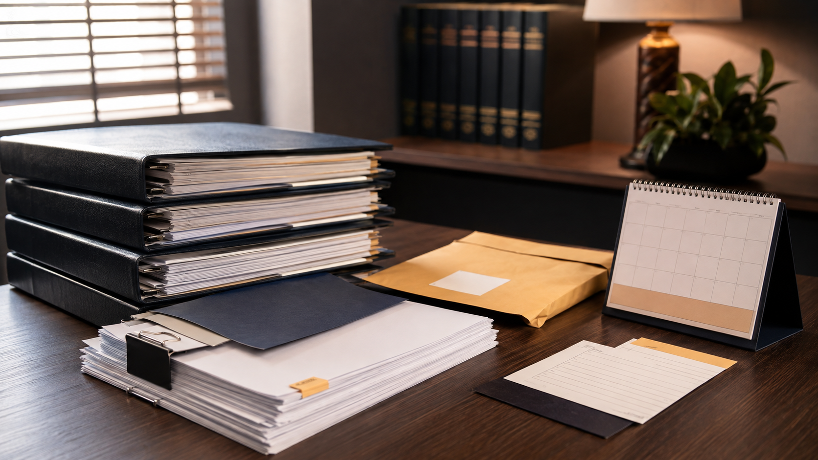A person organizing tax documents and folders at a desk with a laptop open to a government portal
