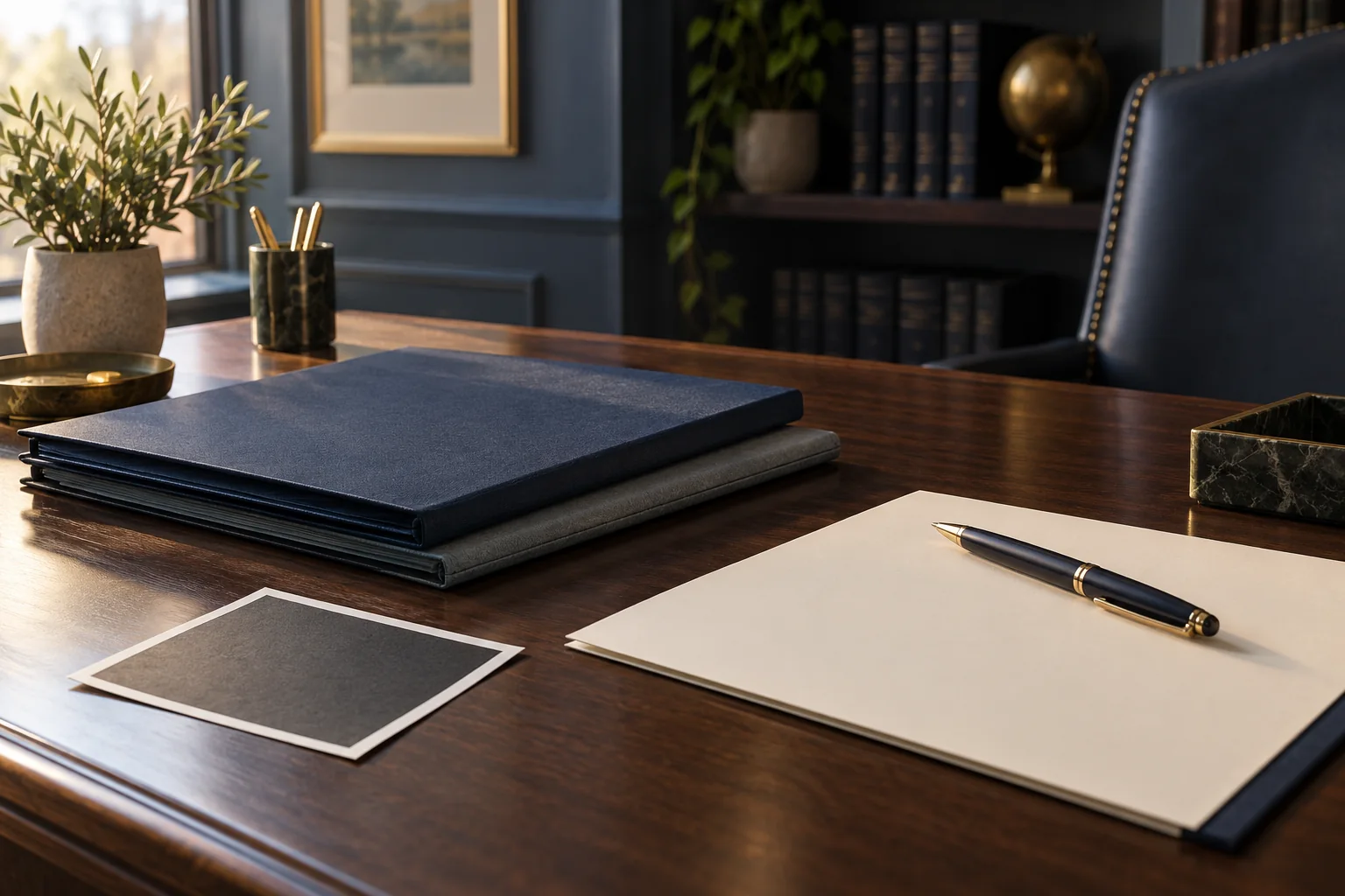 Documents arranged on a law-office desk.