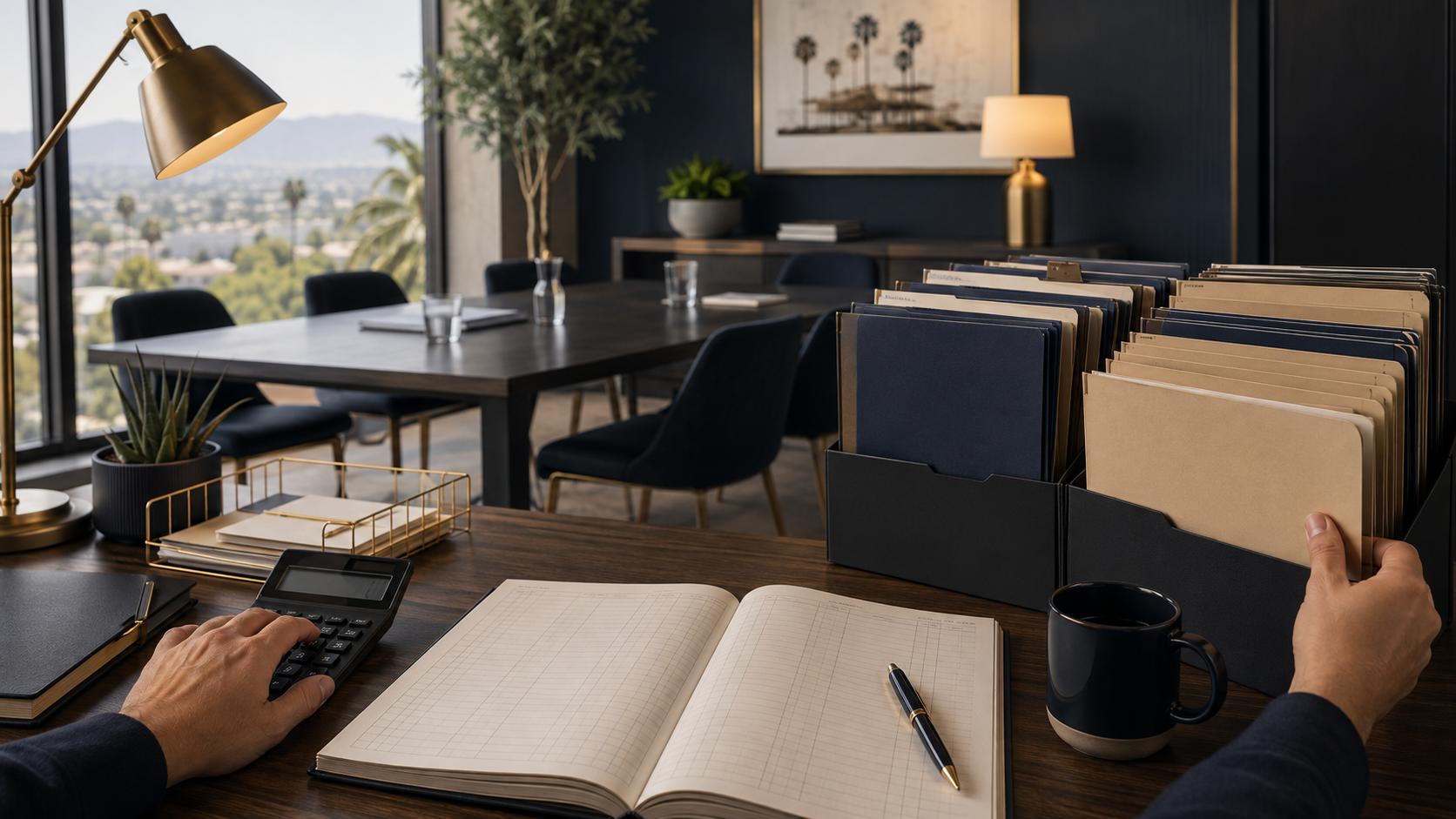A business owner organizing payroll folders and ledger binders on a desk in a modern office