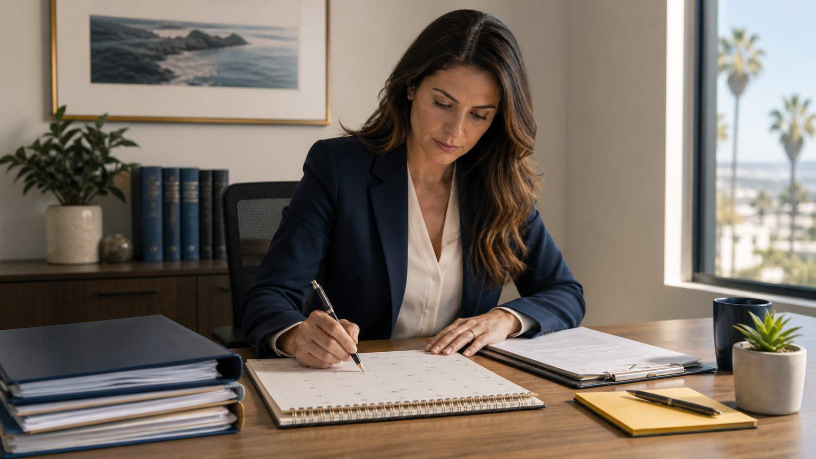 An organized desk with legal documents, notepad, calendar, and pen representing employment claim deadlines.
