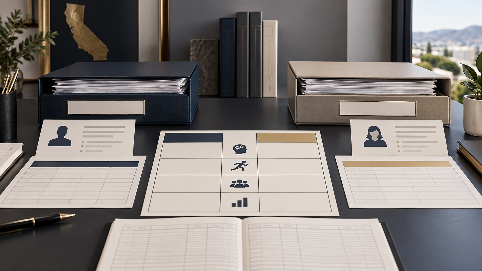 Parallel payroll files, job-duty cards, a comparison grid, and a neutral evidence ledger on a professional desk.