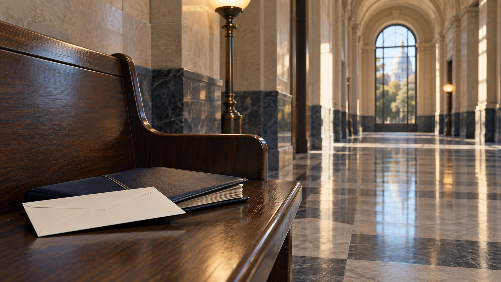 An unopened decision envelope and organized wage file in an empty courthouse corridor