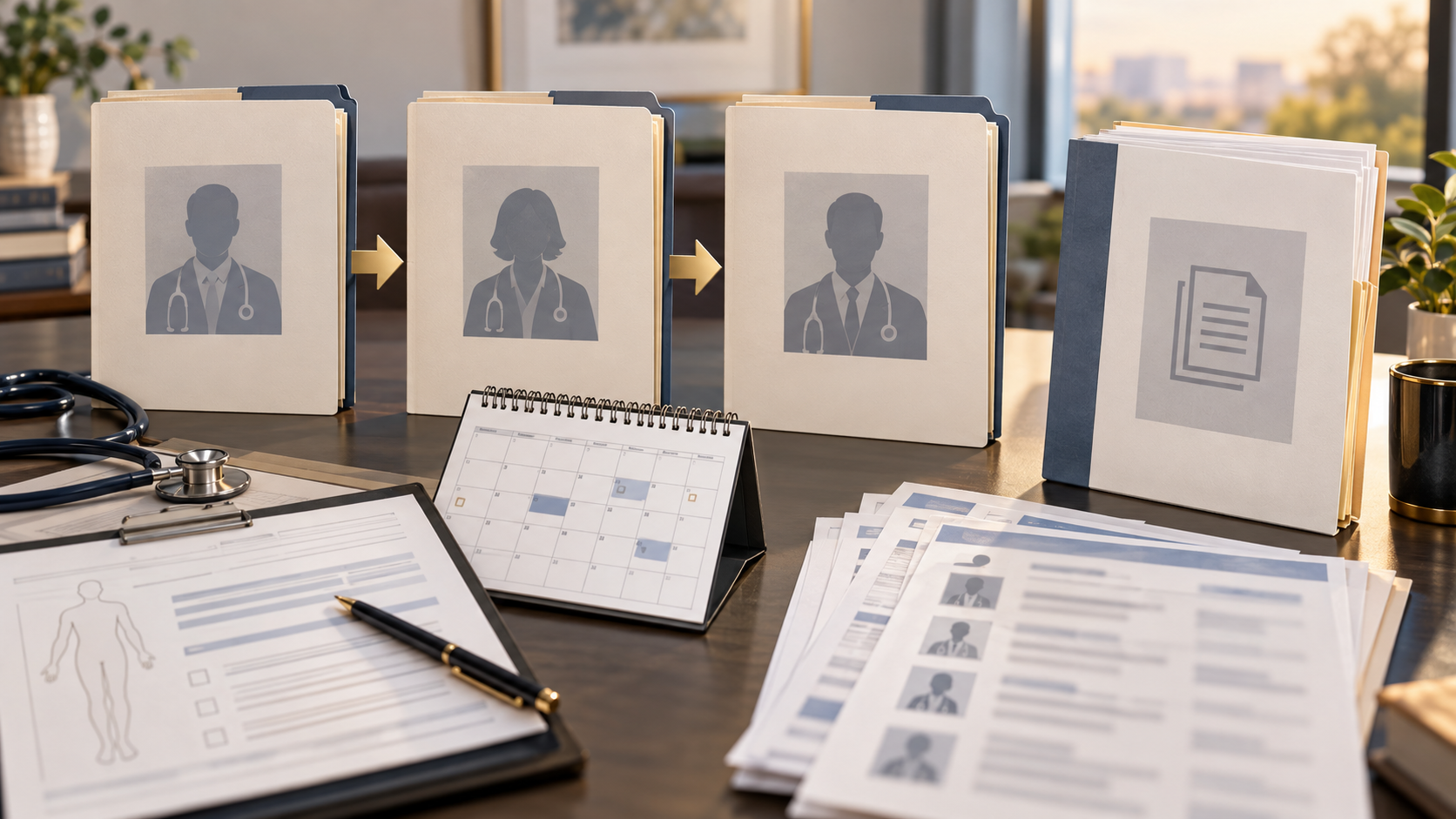 Three medical specialist folders, treatment plan, network directory, appointment calendar, and independent review packet.