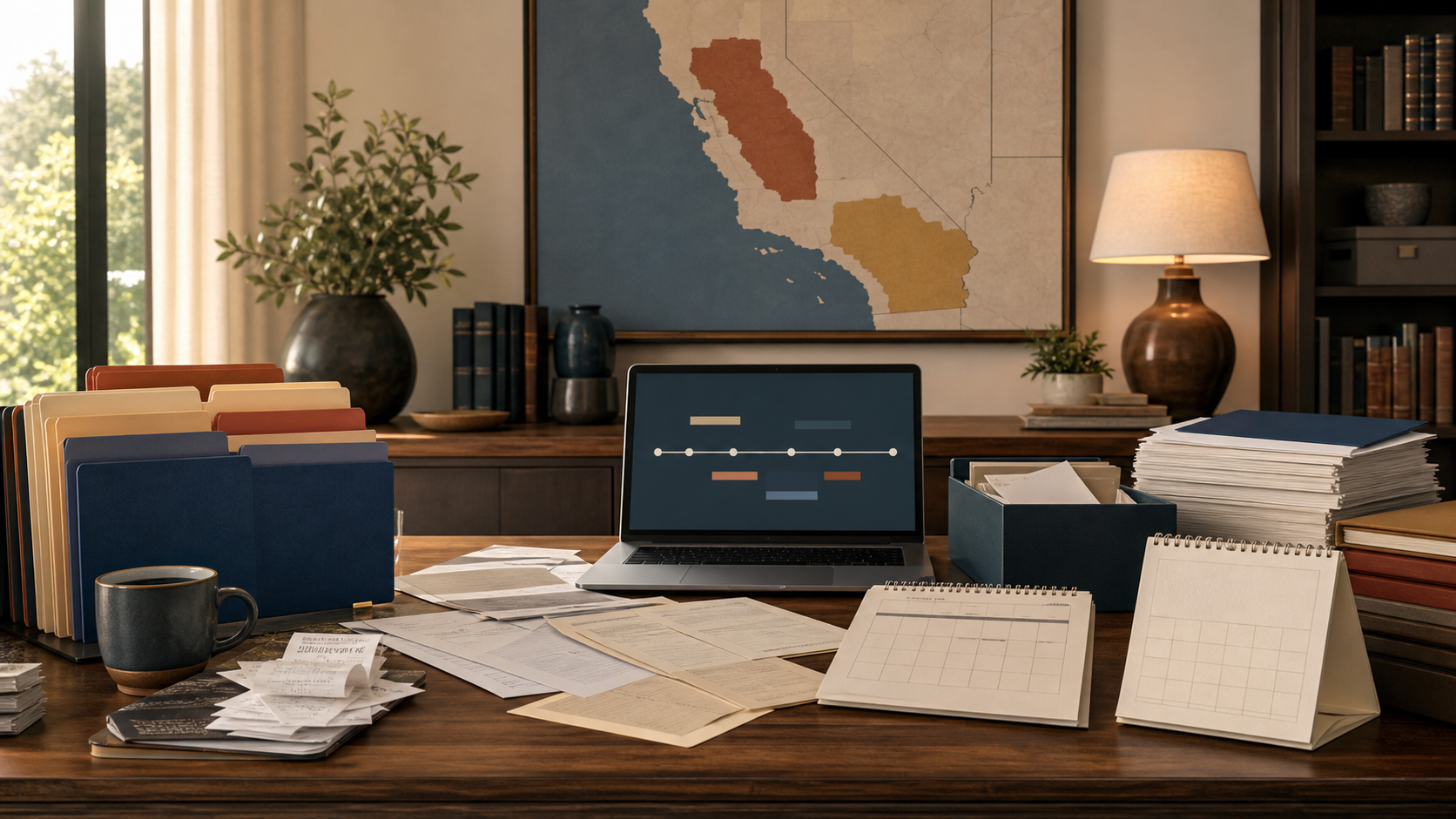 A person organizing color-coded folders and digital files on a wide desk, surrounded by maps, calendars, and utility documents