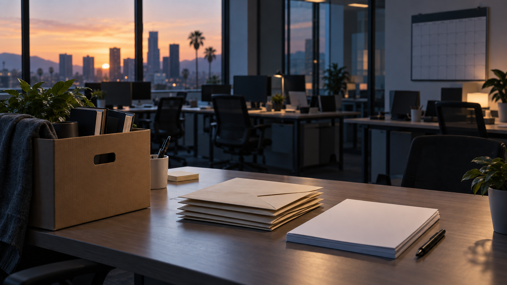 An empty office floor at dusk with sealed notice envelopes, a blank worker-support packet, and a calendar.