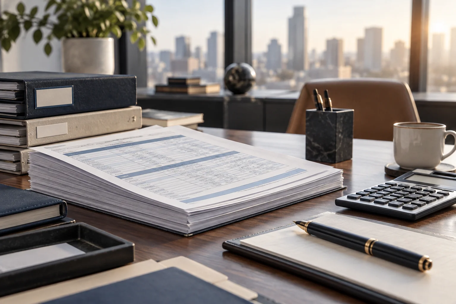 Documents and a calculator arranged on a law-office desk.