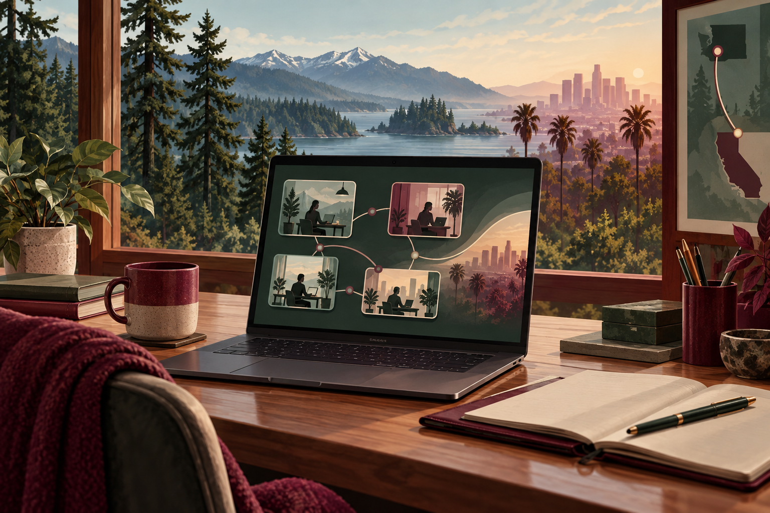 Remote-work desk connecting Washington and California workspaces.