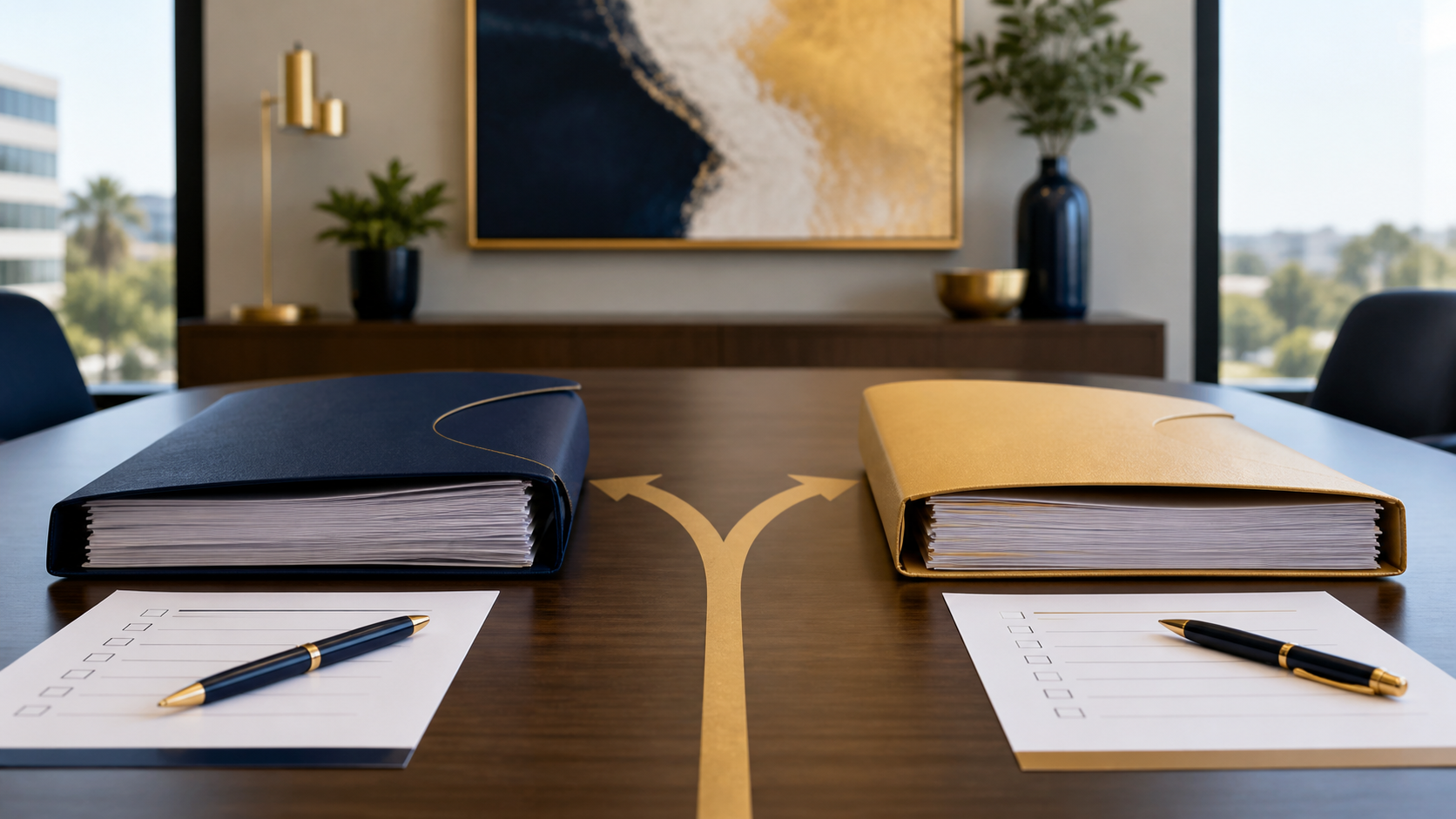 A person sitting at a desk reviewing document folders containing administrative and legal materials, with a California map in the background.
