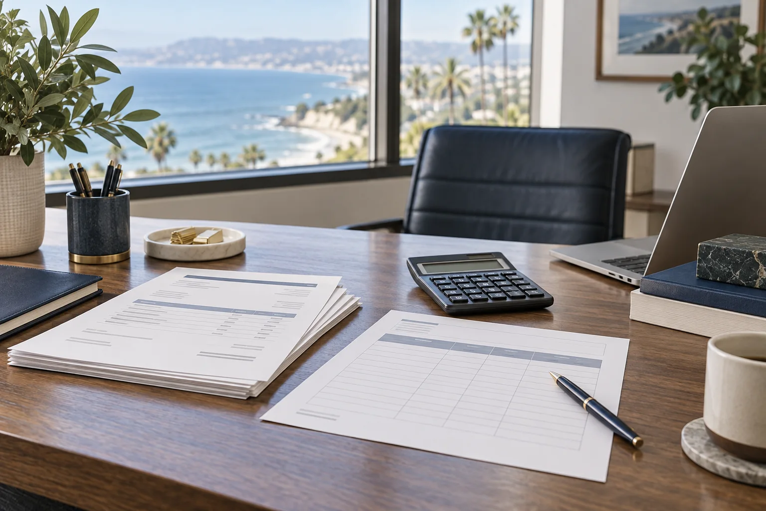 Tax documents and a calculator arranged on an office desk.