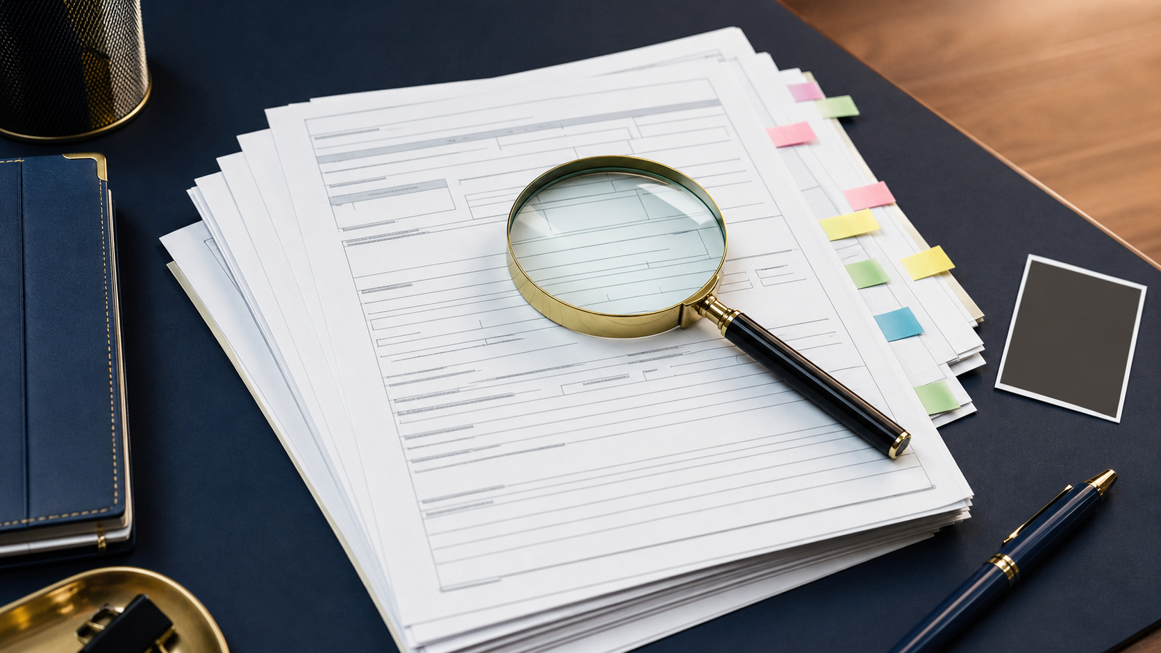 A person carefully reviewing a multi-page government form at a desk with sticky notes and a pen