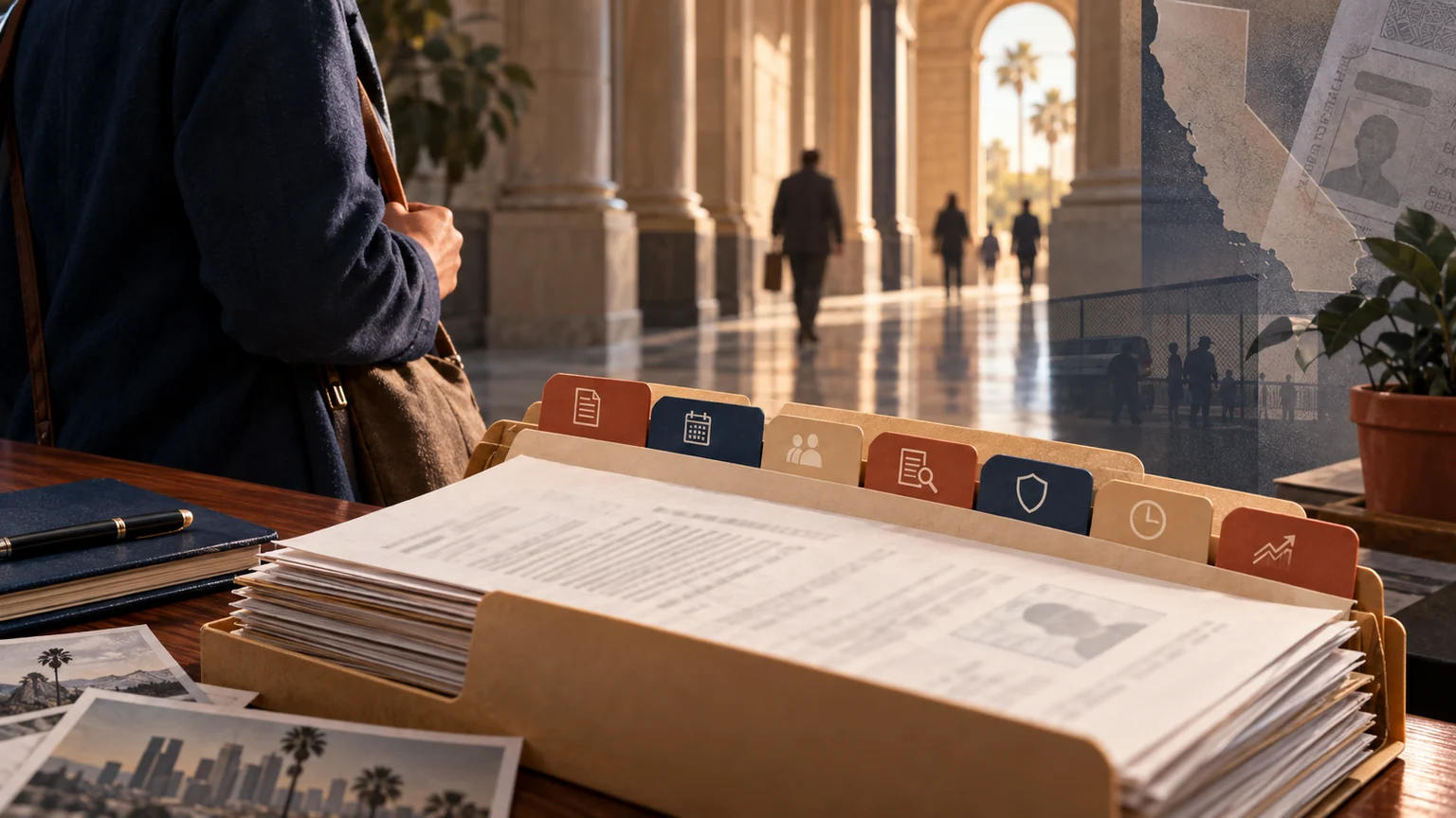 Supervision file with timeline tabs and courthouse corridor