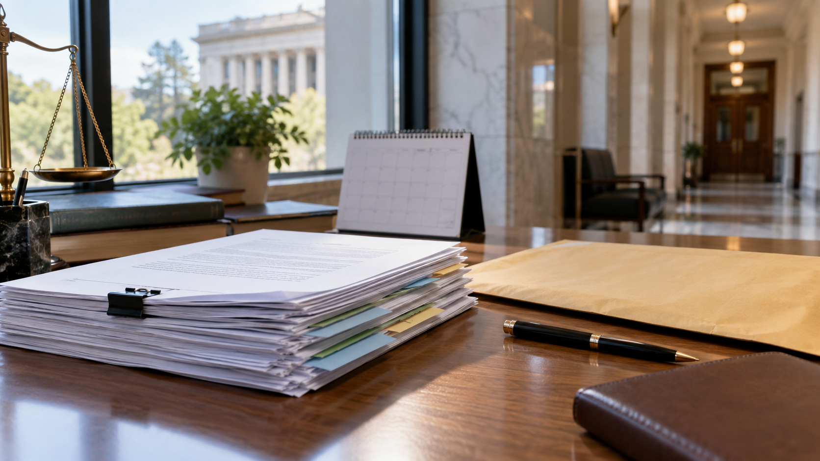 Immigration hearing documents and interpreter notes on a legal worktable