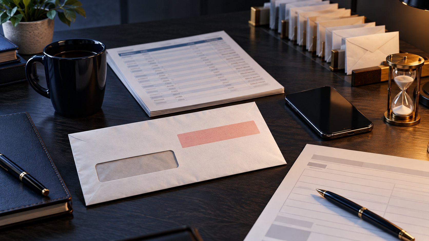 An unmarked default notice, payment ledger, telephone, blank appeal form, and deadline envelopes on a dark desk.