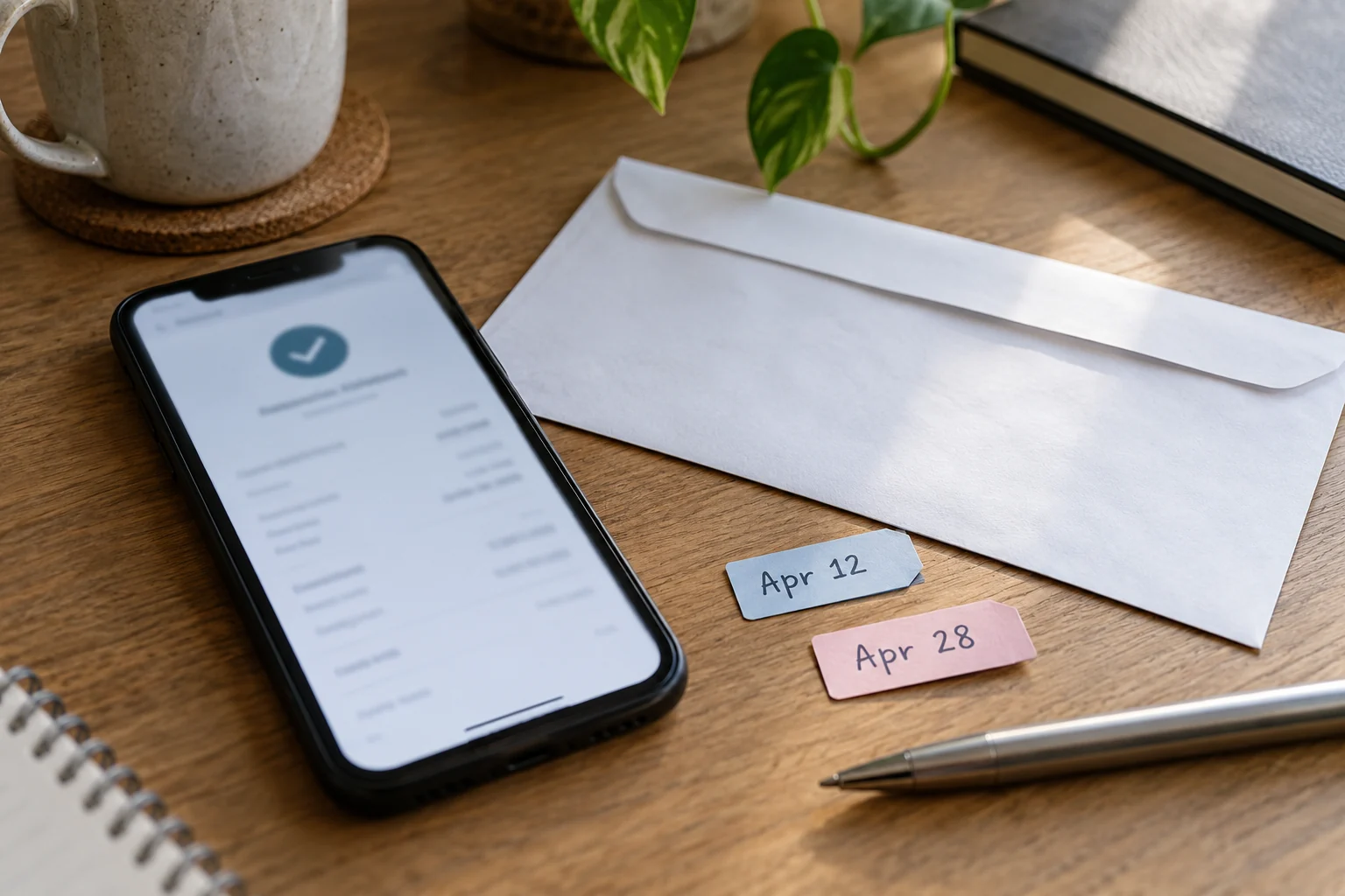 Transfer confirmation on a phone beside an envelope and two date tabs