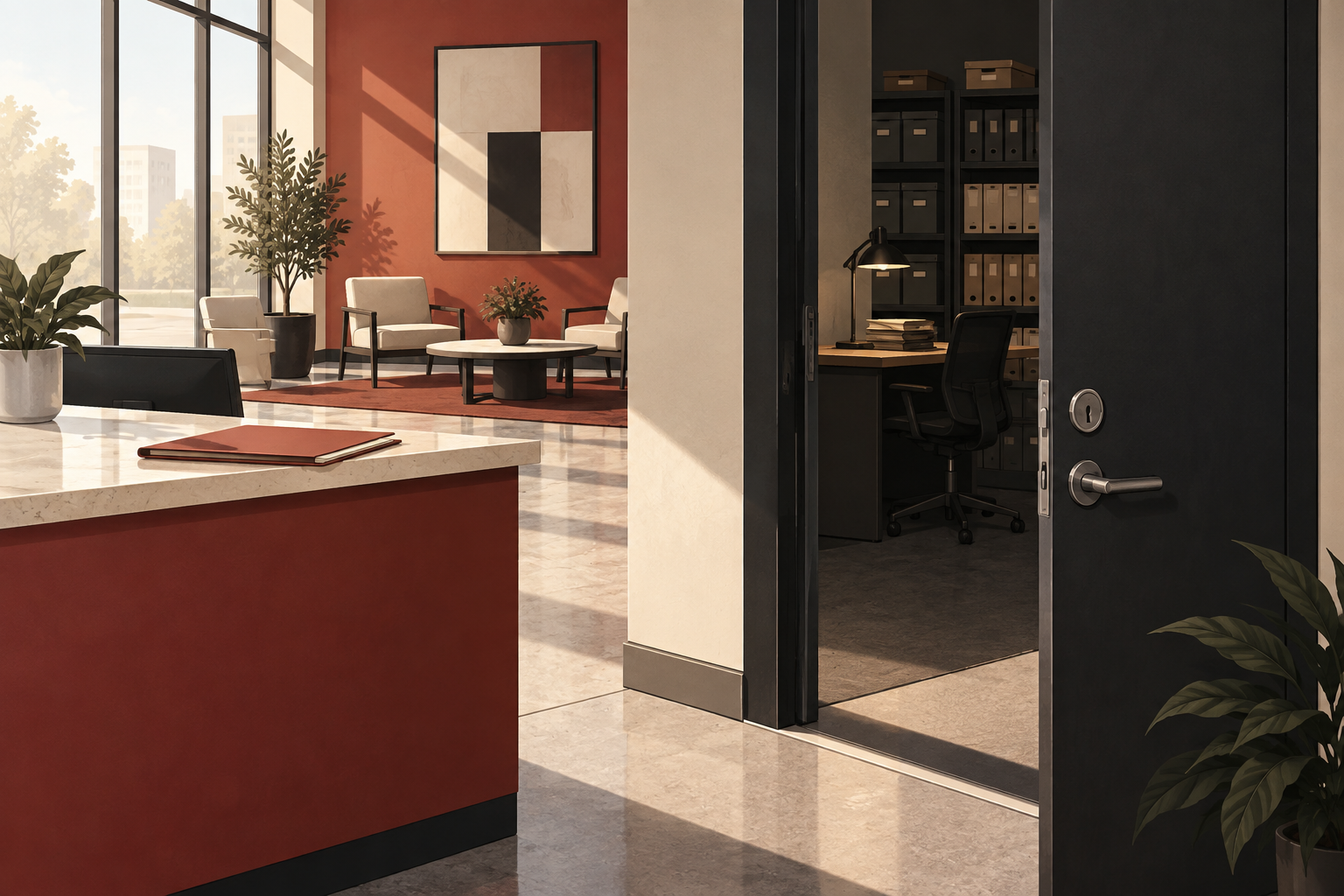 Reception area separated from a private records office by a doorway.