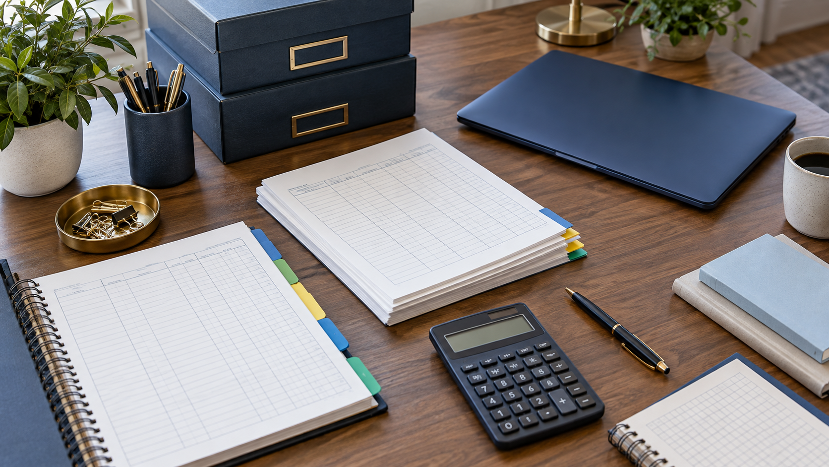 A person reviewing financial documents and payroll records spread across a desk with a laptop open to a government tax portal