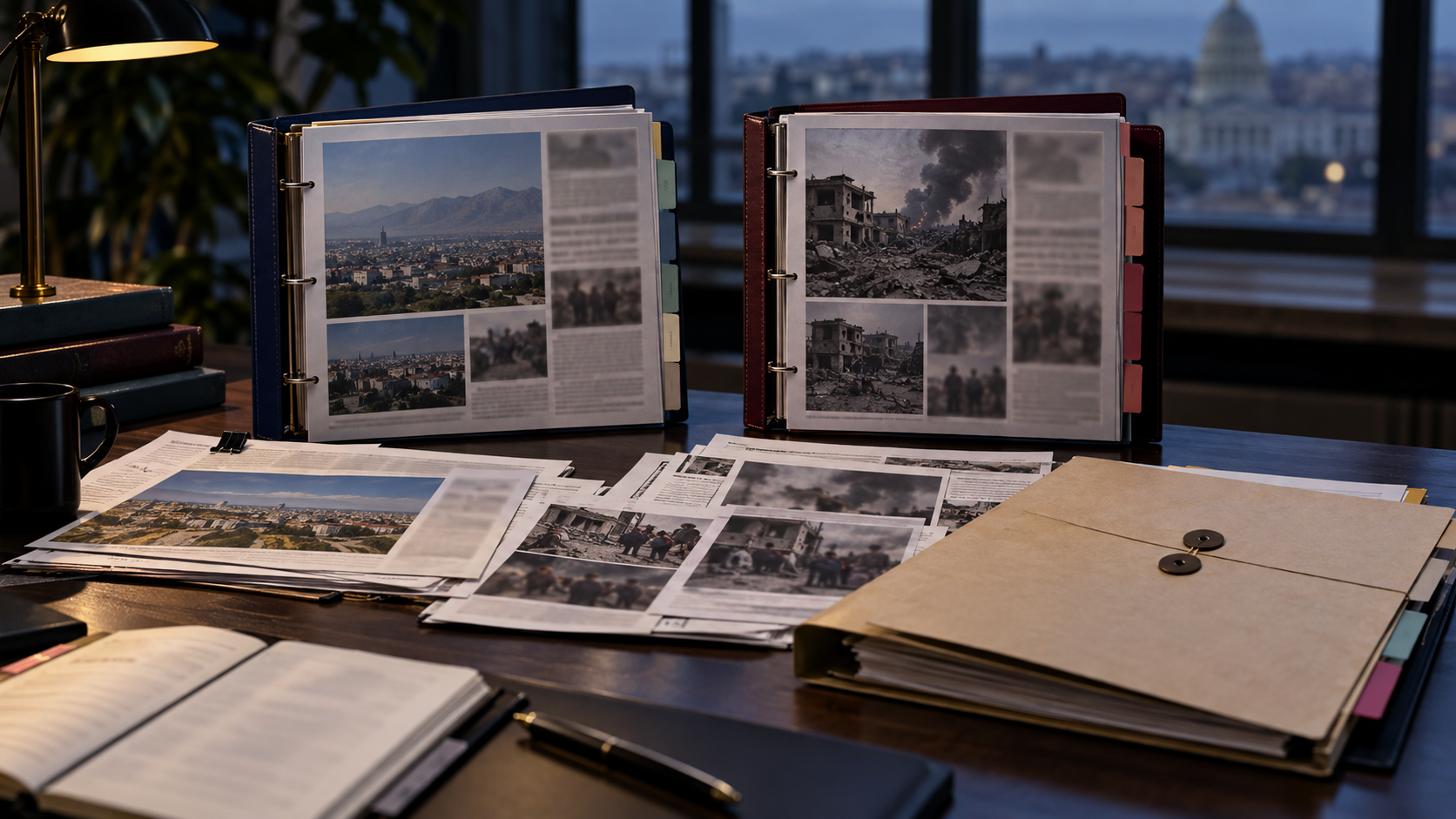 Two contrasting evidence binders, blurred news clippings, sealed immigration order folder, and timeline tabs.