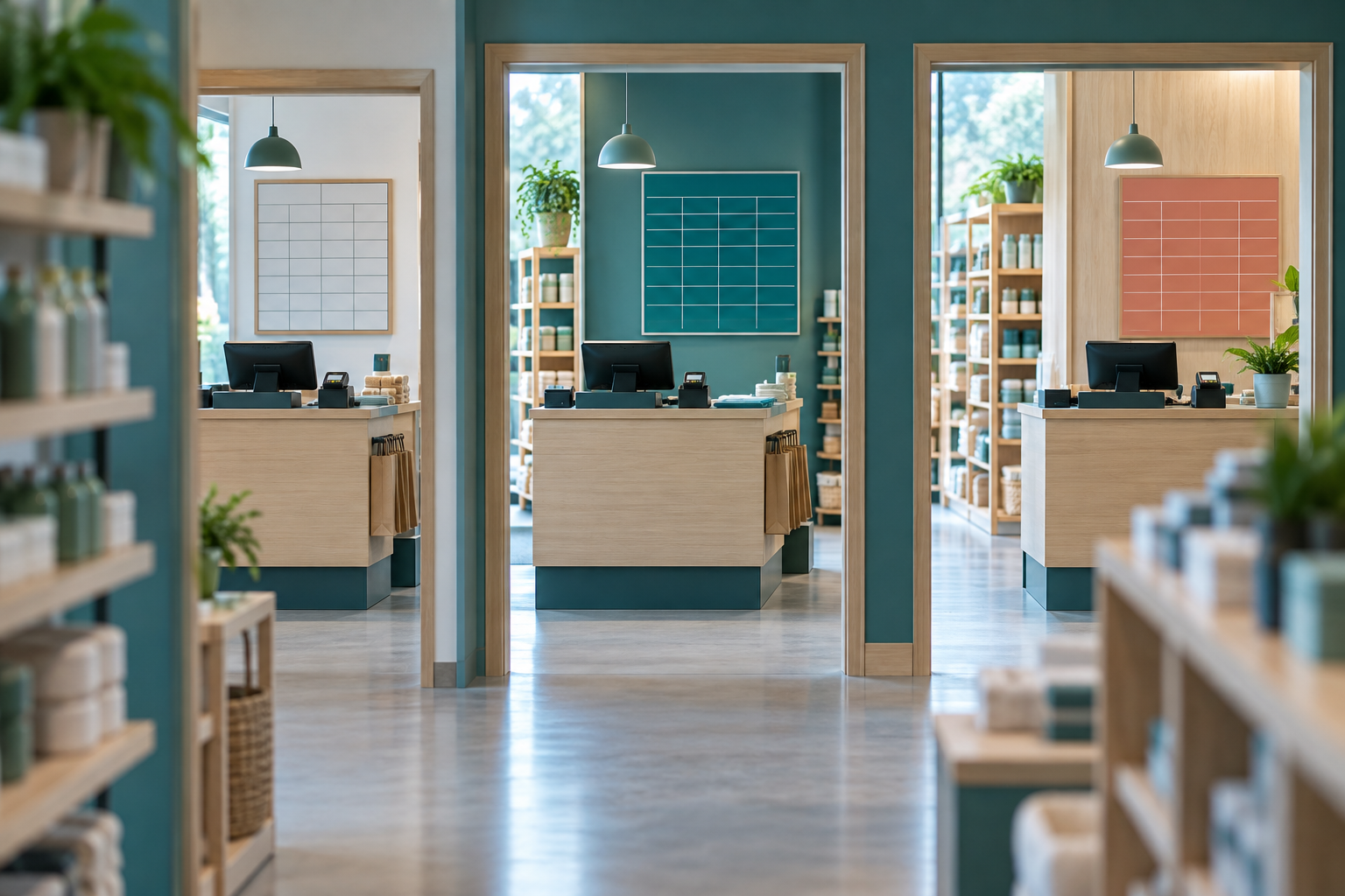 Three illustrative retail locations with distinct blank staff planning boards