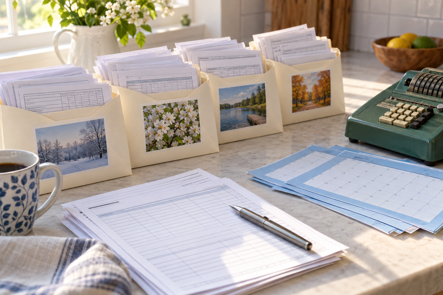 Illustrative old tax records sorted into separate envelopes with a calendar
