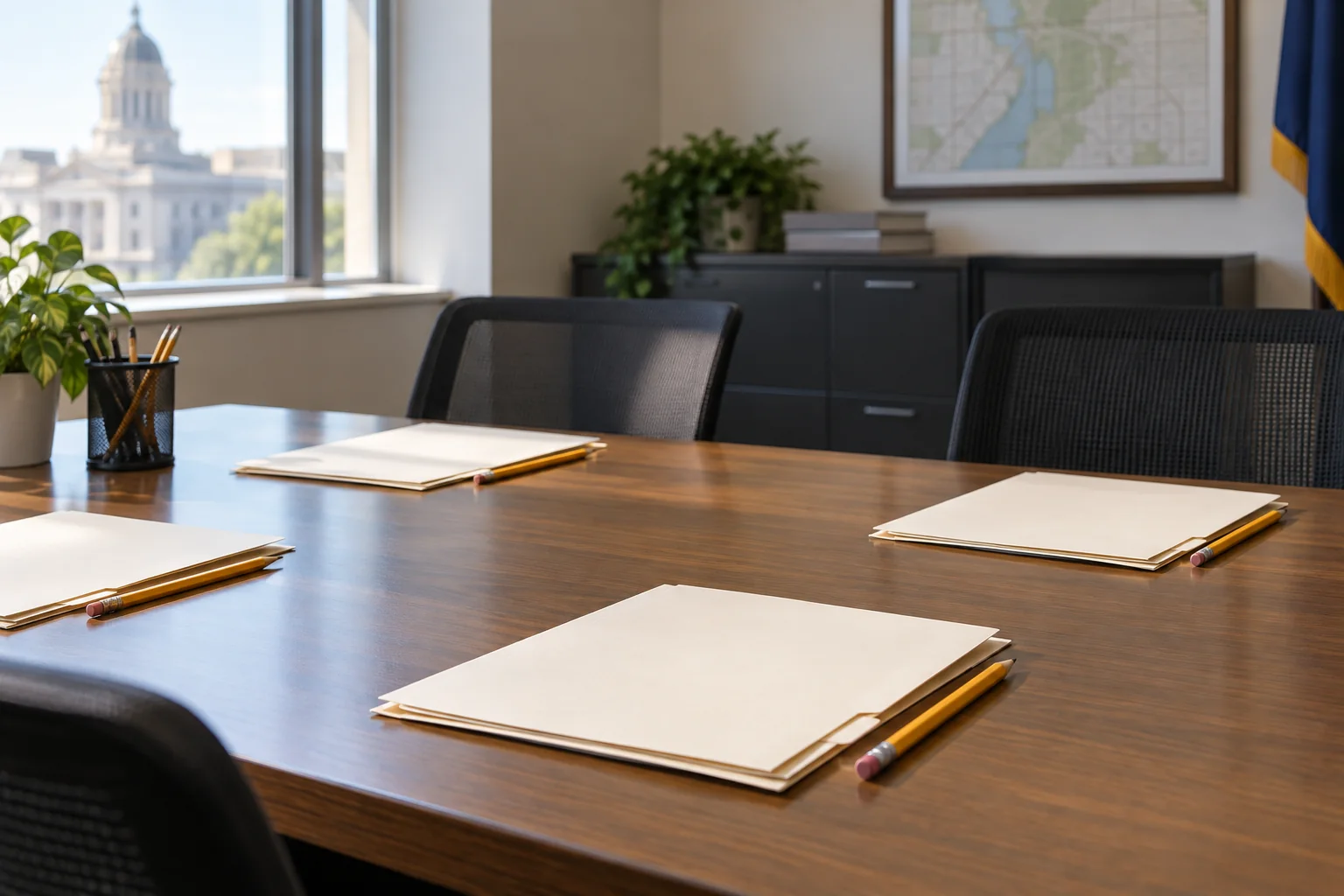 Documents and a notebook arranged on a law-office desk.