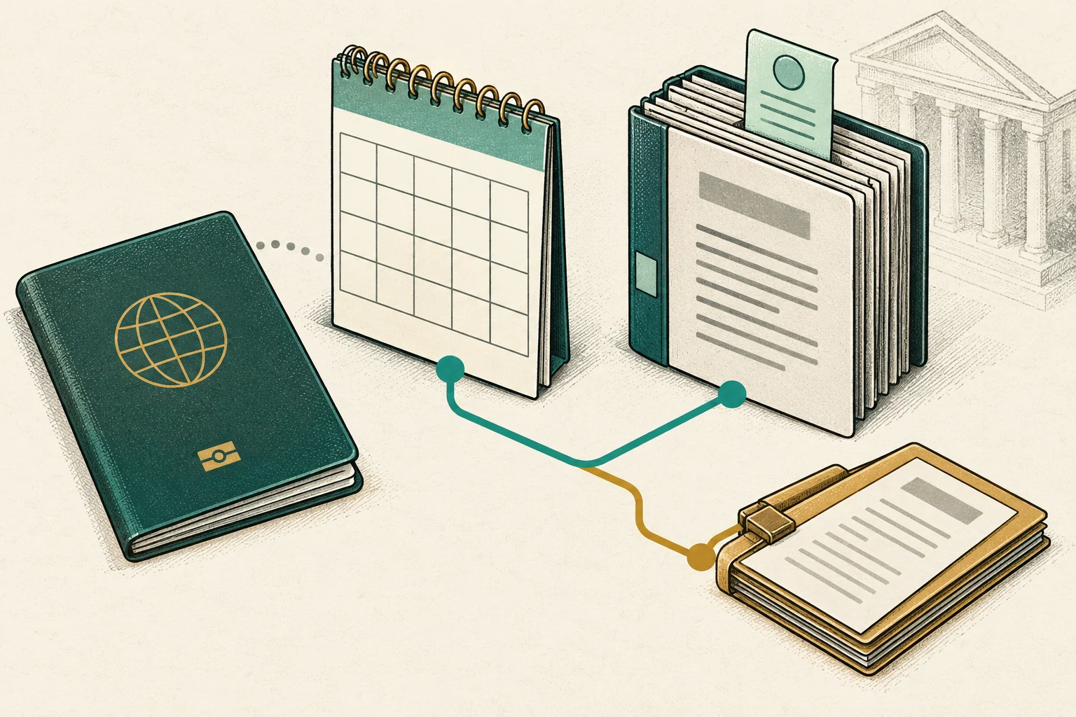 Illustrated appeal receipt, calendar and separate hearing record beside a passport-shaped booklet
