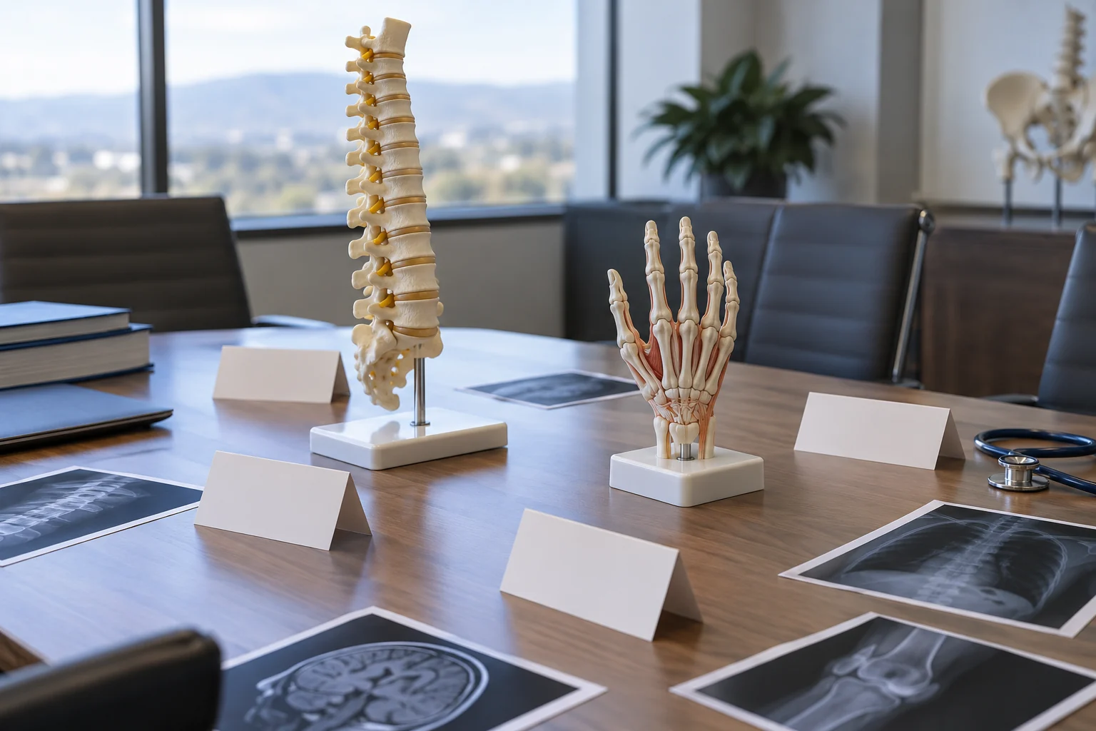 Hand and spine teaching models beside evaluation records