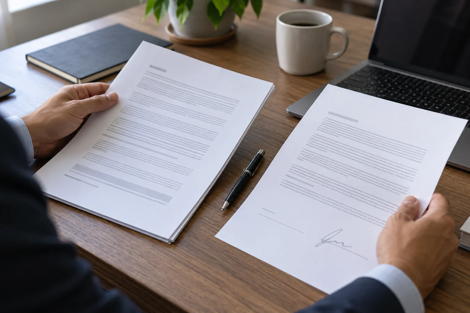 Hands comparing two document packets beside a laptop
