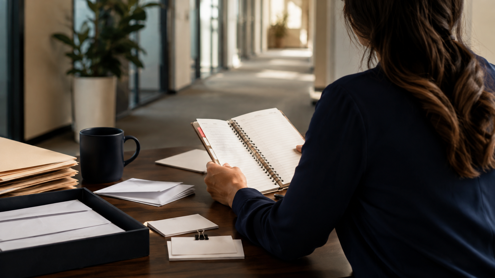 A person at a desk carefully organizing printed notes and a notebook beside a laptop in a quiet, well-lit office space