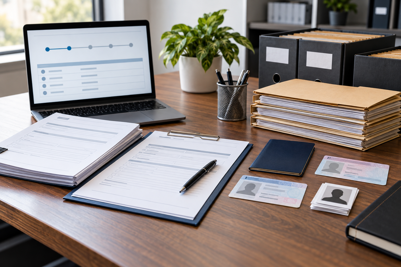 An immigration A-file request packet, identity verification with blank details, tracking receipt, and organized records archive.