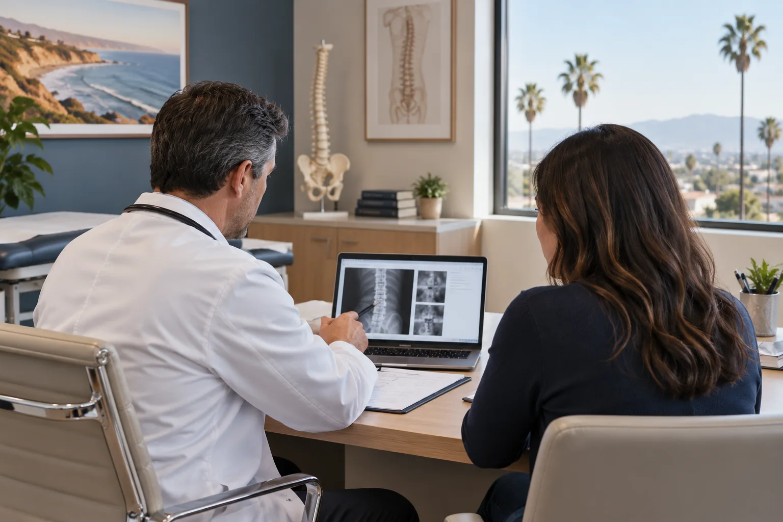A physician and patient reviewing spinal images on a laptop in a medical office.