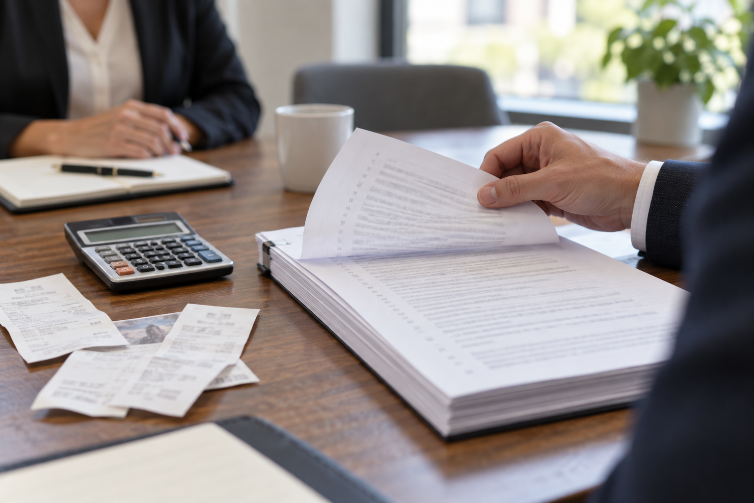 Transcript review with receipts and calculator on a meeting table