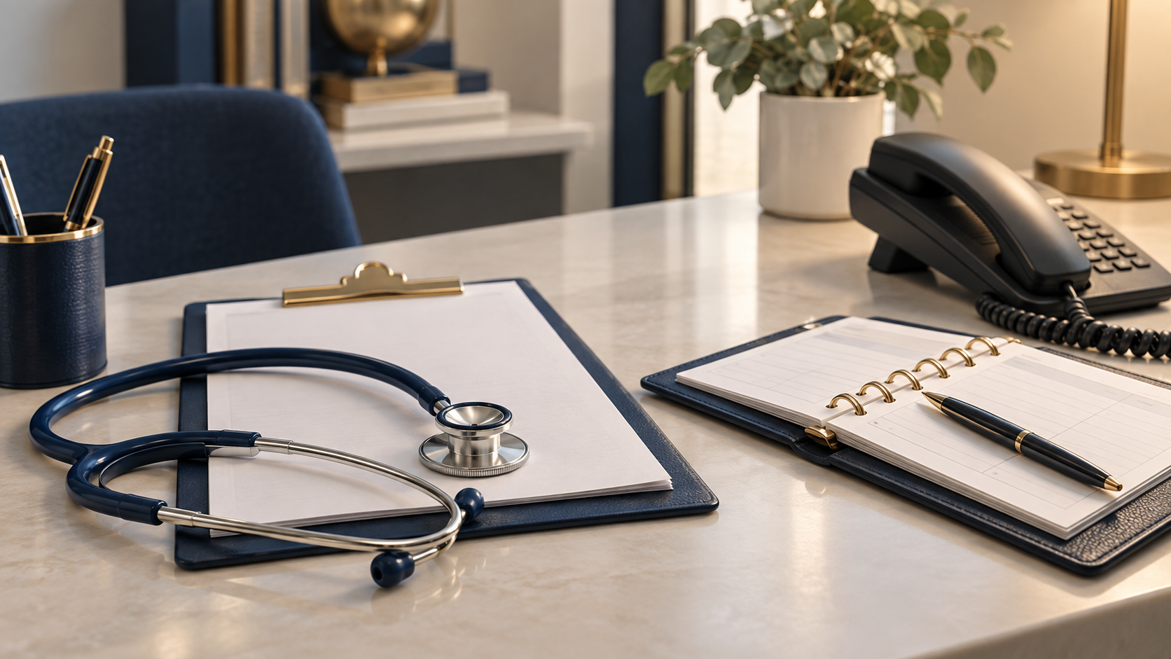 A medical appointment organizer beside a clipboard and telephone