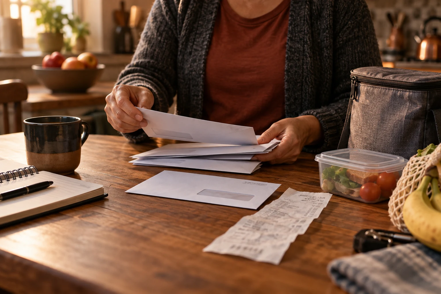 A worker sorts benefit envelopes and household bills at a kitchen table.