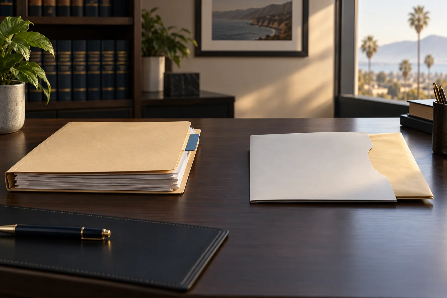 Documents and case folders on a law-office desk.